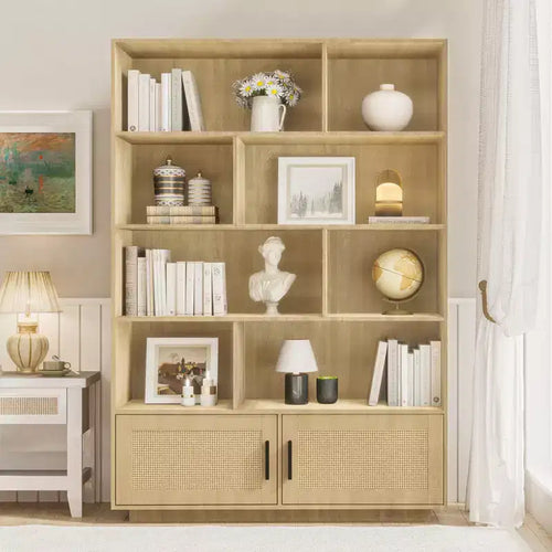 5-Tier Boho Bookshelf with Rattan Doors, Wooden Bookcase with Storage Cabinet, Tall Large Book Stand for Living Room