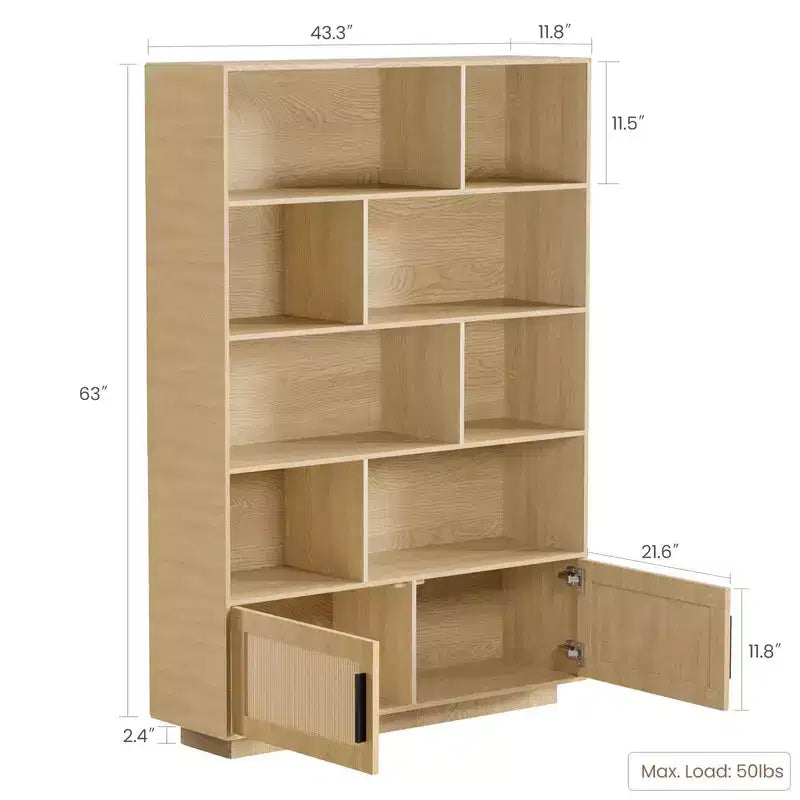Étagère bohème à 5 niveaux avec portes en rotin, bibliothèque en bois avec armoire de rangement, grande bibliothèque haute pour salon