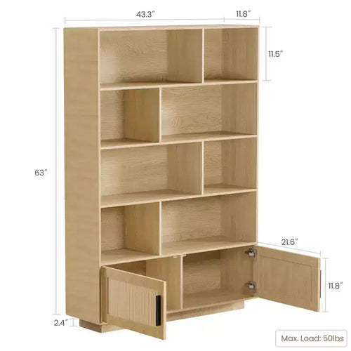 Étagère bohème à 5 niveaux avec portes en rotin, bibliothèque en bois avec armoire de rangement, grande bibliothèque haute pour salon