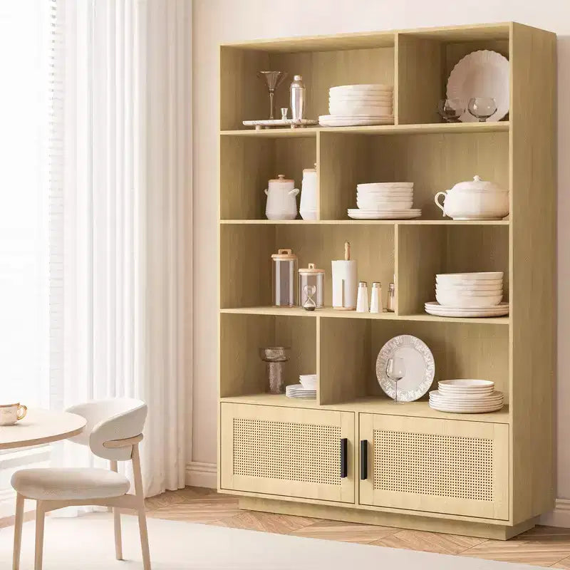 Étagère bohème à 5 niveaux avec portes en rotin, bibliothèque en bois avec armoire de rangement, grande bibliothèque haute pour salon