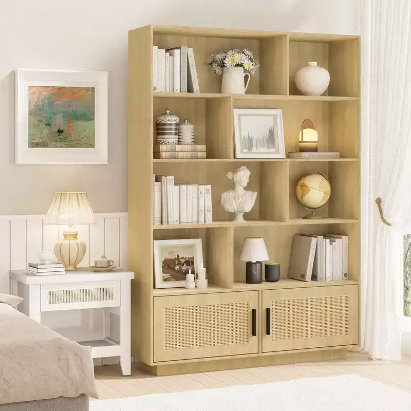 Étagère bohème à 5 niveaux avec portes en rotin, bibliothèque en bois avec armoire de rangement, grande bibliothèque haute pour salon