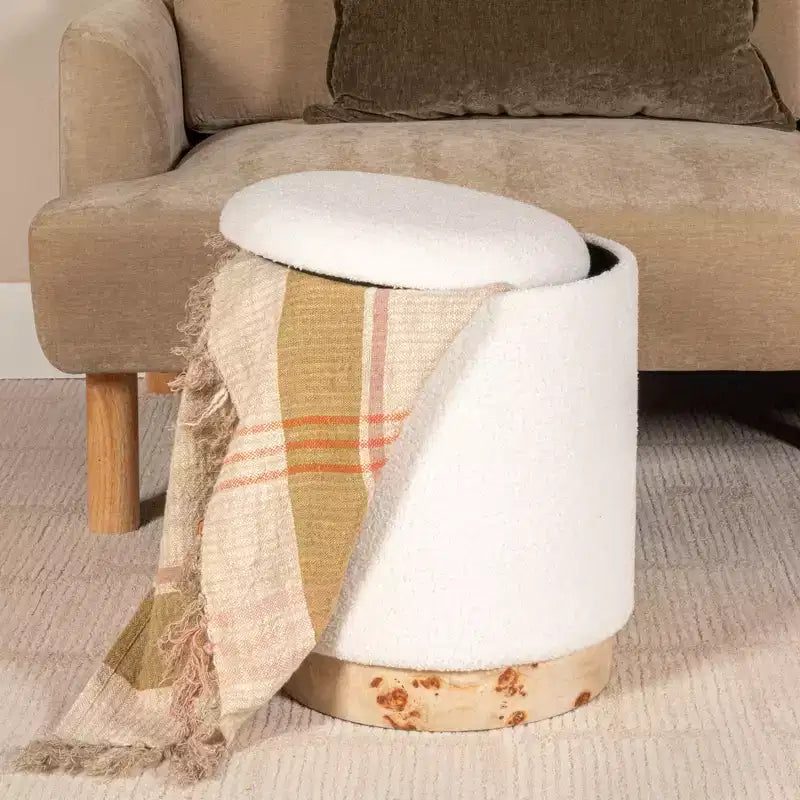 Tabouret de rangement rond rembourré en tissu bouclé avec couvercle amovible, crème