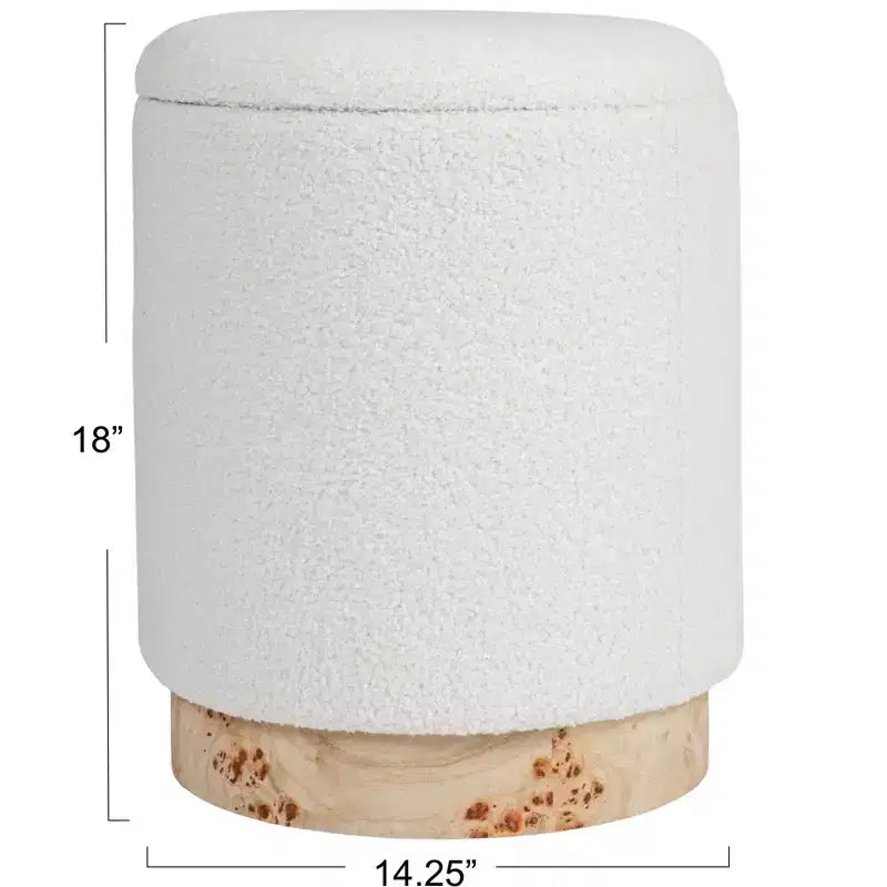Tabouret de rangement rond rembourré en tissu bouclé avec couvercle amovible, crème