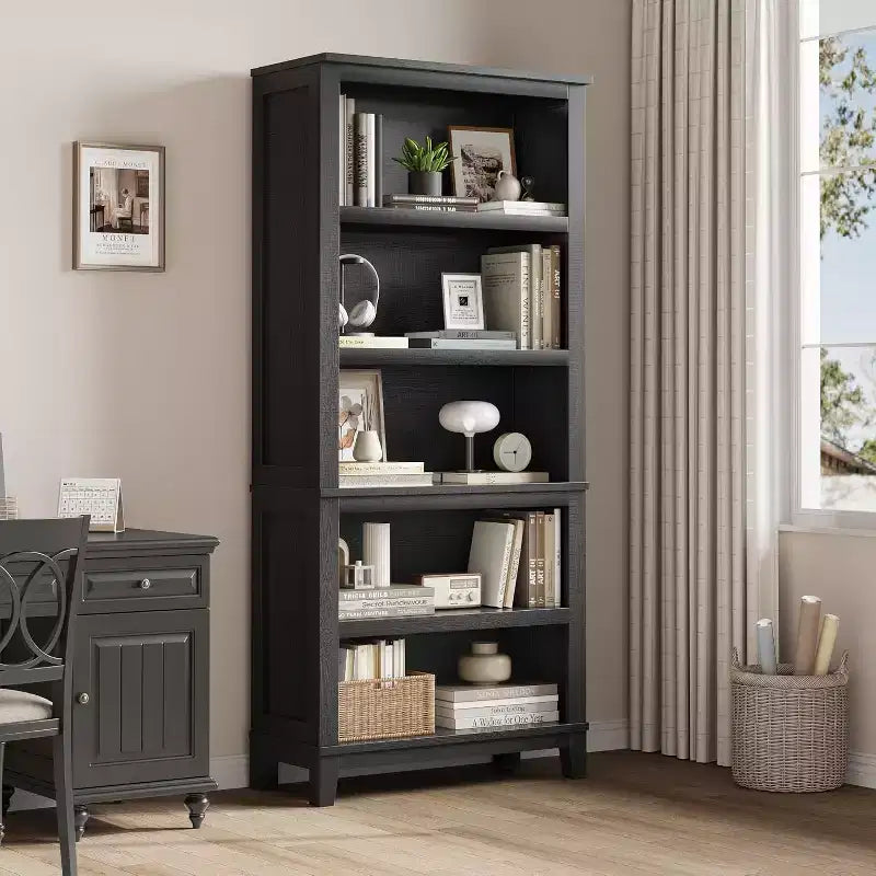 71 Farmhouse Bookcase w/Adjustable Shelves & 31.5 Width, 5 Tier Tall Bookshelf with Wooden Legs, for Living Room Office Library