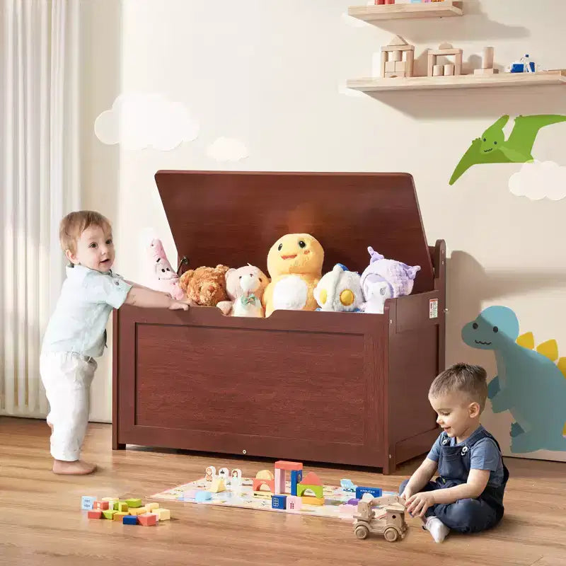 Coffre à jouets en bois pour enfants, boîte de rangement pour tout-petits avec couvercle à charnière et charnière de sécurité, 83 x 45,5 x 61 cm, cerisier