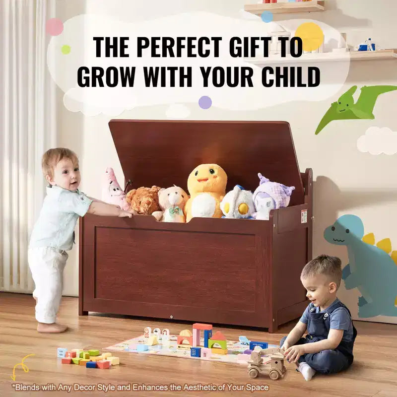 Coffre à jouets en bois pour enfants, boîte de rangement pour tout-petits avec couvercle à charnière et charnière de sécurité, 83 x 45,5 x 61 cm, cerisier