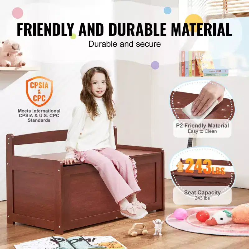 Coffre à jouets en bois pour enfants, boîte de rangement pour tout-petits avec couvercle à charnière et charnière de sécurité, 83 x 45,5 x 61 cm, cerisier