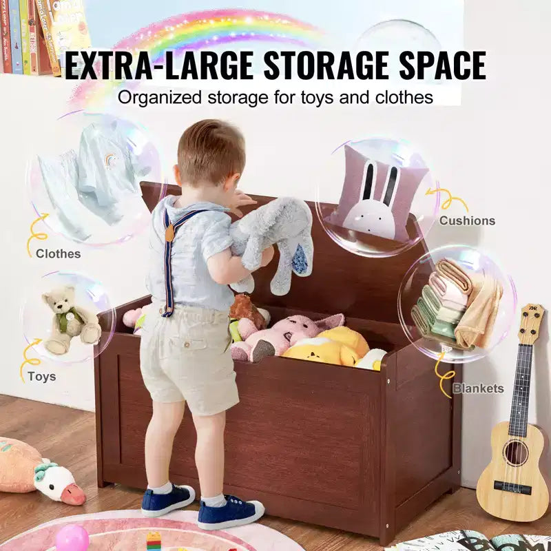 Coffre à jouets en bois pour enfants, boîte de rangement pour tout-petits avec couvercle à charnière et charnière de sécurité, 83 x 45,5 x 61 cm, cerisier