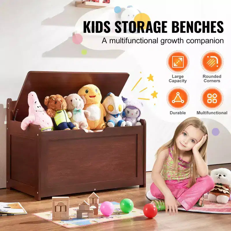 Coffre à jouets en bois pour enfants, boîte de rangement pour tout-petits avec couvercle à charnière et charnière de sécurité, 83 x 45,5 x 61 cm, cerisier