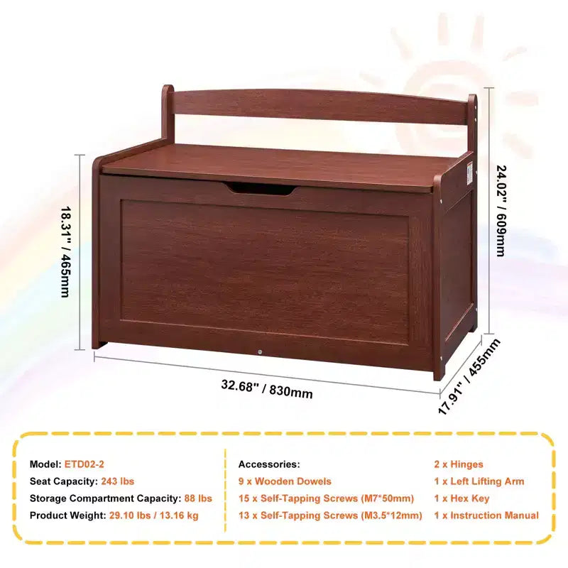 Coffre à jouets en bois pour enfants, boîte de rangement pour tout-petits avec couvercle à charnière et charnière de sécurité, 83 x 45,5 x 61 cm, cerisier