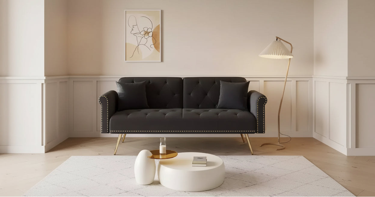 MAYEERTY Black Velvet Fabric Sofa Featuring Nail Head Trim and Accompanied By A Matching Throw Pillow