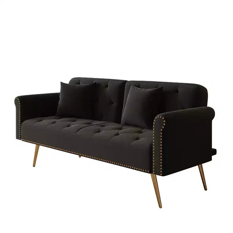 Canapé en velours noir avec clous décoratifs et coussin assorti