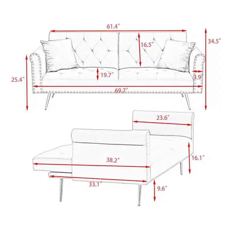 Canapé en velours noir avec clous décoratifs et coussin assorti
