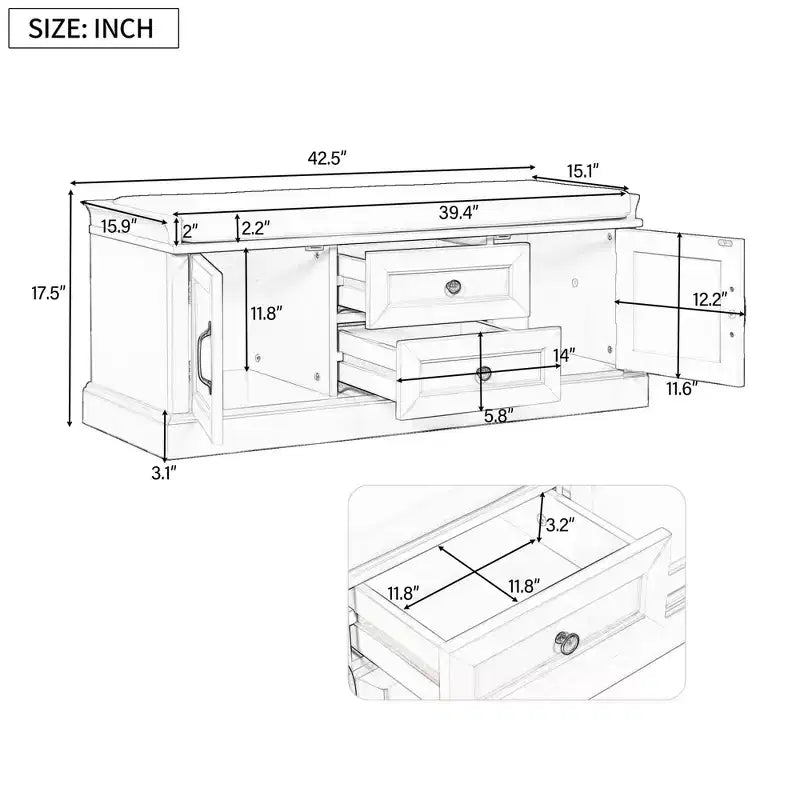 Banc de rangement avec 2 tiroirs et 2 placards, banc à chaussures avec coussin amovible pour salon et entrée, gris délavé