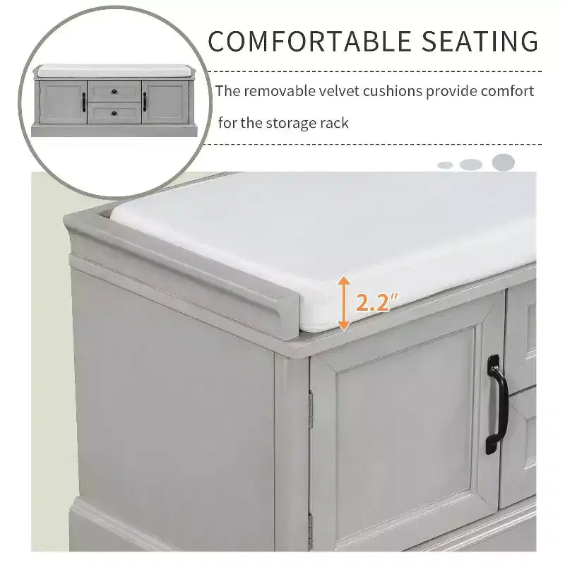 Banc de rangement avec 2 tiroirs et 2 placards, banc à chaussures avec coussin amovible pour salon et entrée, gris délavé