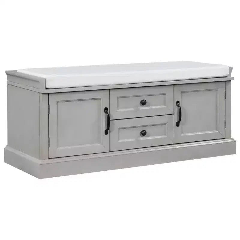 Banc de rangement avec 2 tiroirs et 2 placards, banc à chaussures avec coussin amovible pour salon et entrée, gris délavé