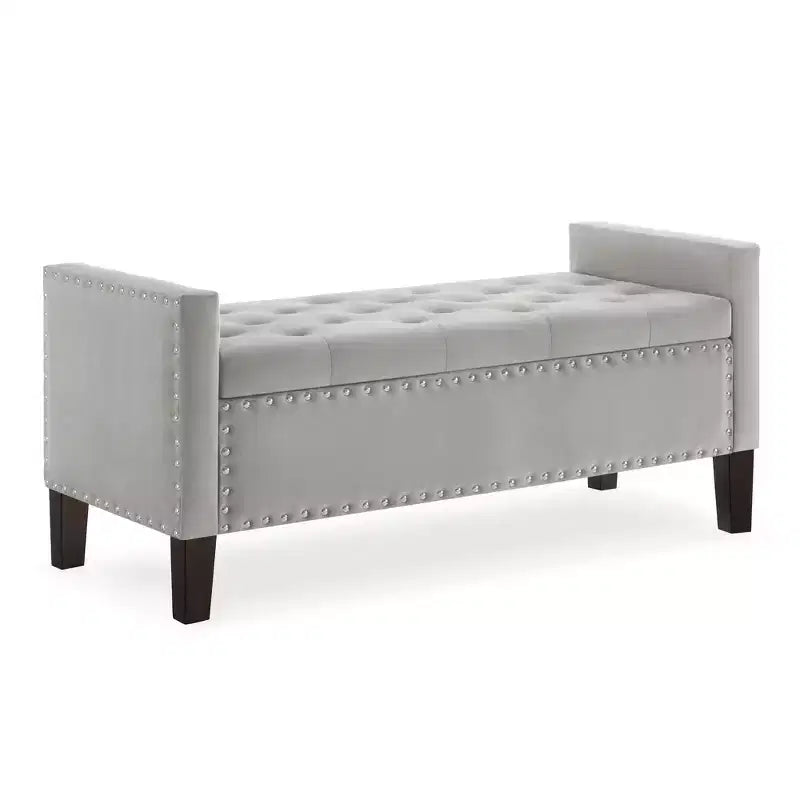 Banc de rangement capitonné avec boutons et clous décoratifs, siège rembourré doux avec accoudoirs pour entrée ou salon, gris