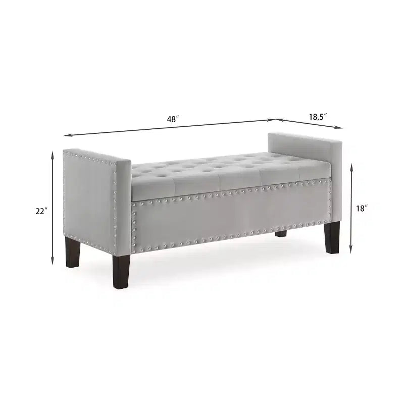 Banc de rangement capitonné avec boutons et clous décoratifs, siège rembourré doux avec accoudoirs pour entrée ou salon, gris