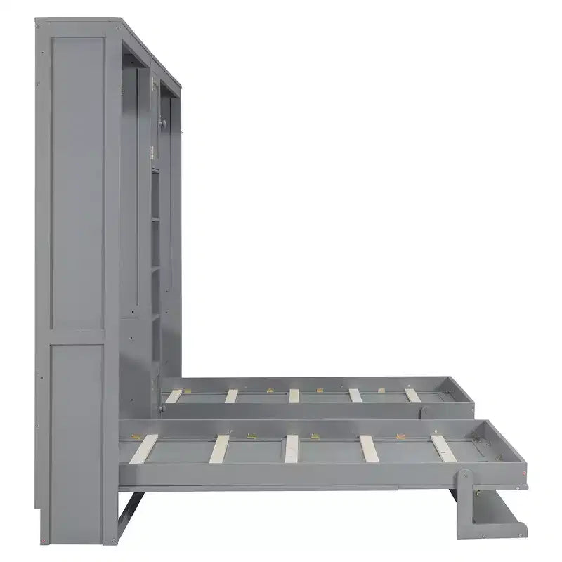 Lit escamotable double avec étagères-pieds convertibles et unité de rangement centrale