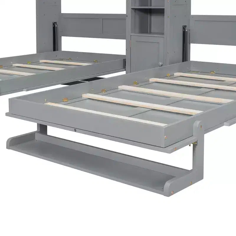 Lit escamotable double avec étagères-pieds convertibles et unité de rangement centrale