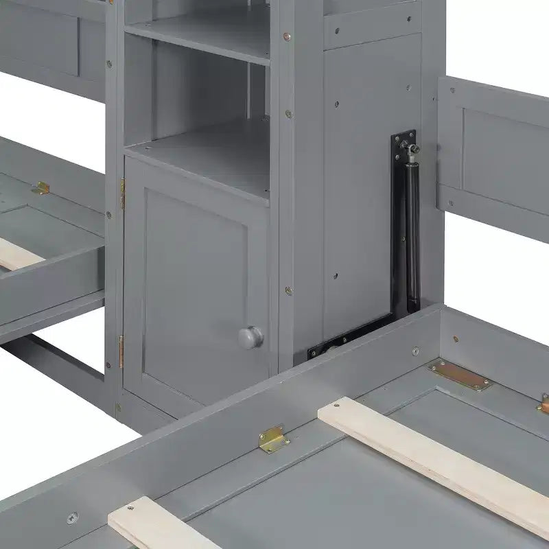 Lit escamotable double avec étagères-pieds convertibles et unité de rangement centrale