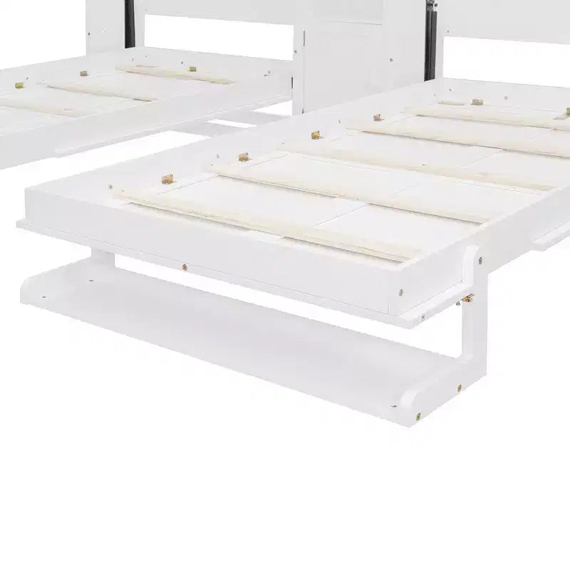 Lit escamotable double avec étagères-pieds convertibles et unité de rangement centrale