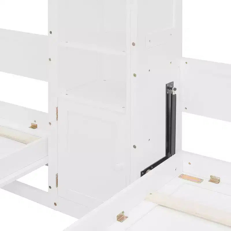 Lit escamotable double avec étagères-pieds convertibles et unité de rangement centrale