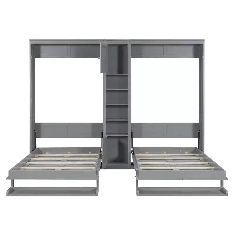 Lit escamotable double avec étagères-pieds convertibles et unité de rangement centrale