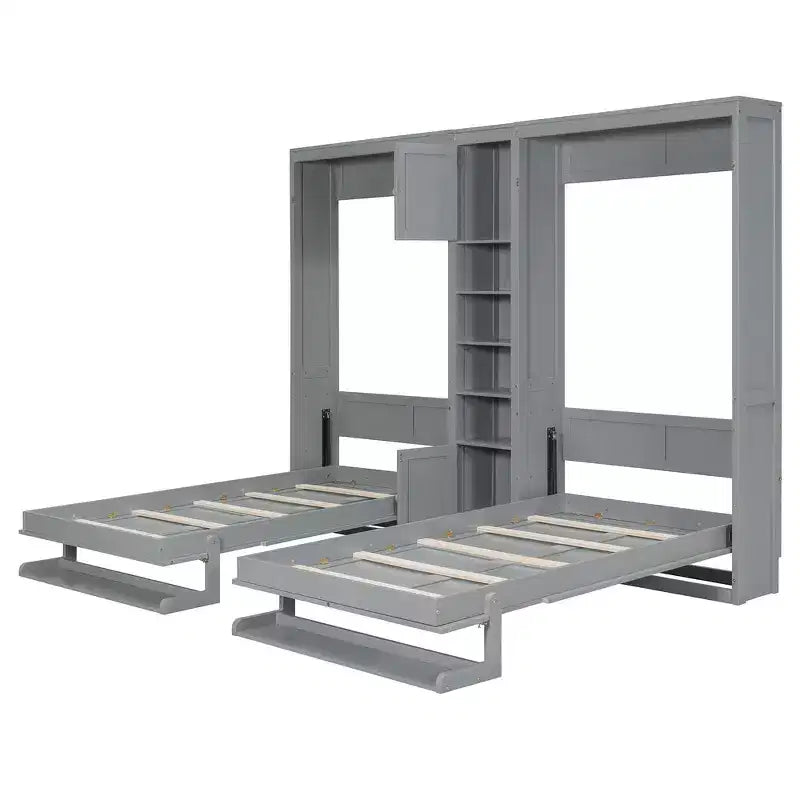 Lit escamotable double avec étagères-pieds convertibles et unité de rangement centrale