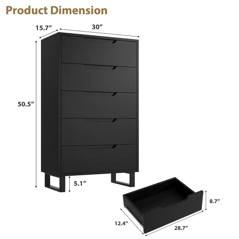 Commode haute à 5 tiroirs, commode verticale de 120 cm avec rangement, blanche