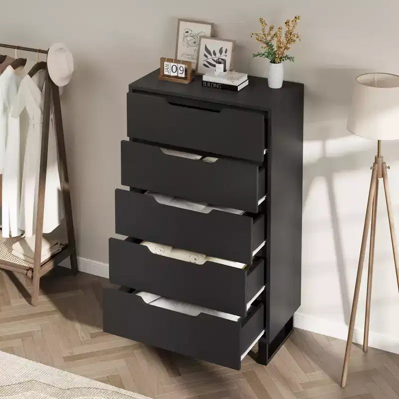 Commode haute à 5 tiroirs, commode verticale de 120 cm avec rangement, blanche