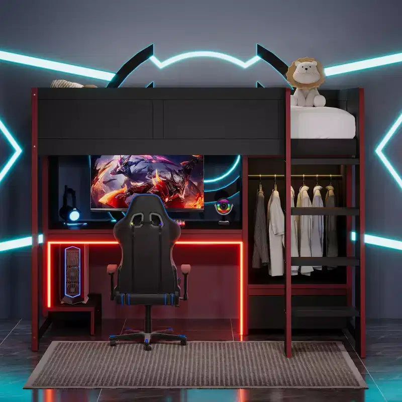 Lit mezzanine gaming pour lit jumeau/double avec bureau intégré, armoire, éclairage LED et un tiroir, cadre de lit en bois de pin, noir