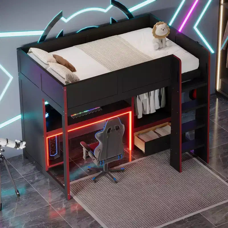 Lit mezzanine gaming pour lit jumeau/double avec bureau intégré, armoire, éclairage LED et un tiroir, cadre de lit en bois de pin, noir