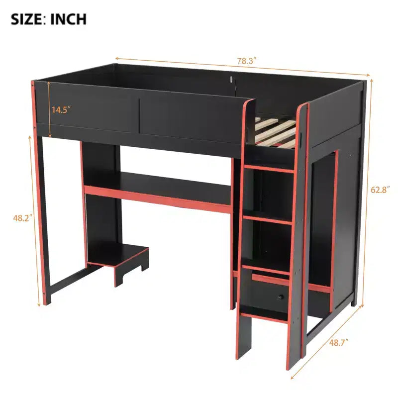 Lit mezzanine gaming pour lit jumeau/double avec bureau intégré, armoire, éclairage LED et un tiroir, cadre de lit en bois de pin, noir