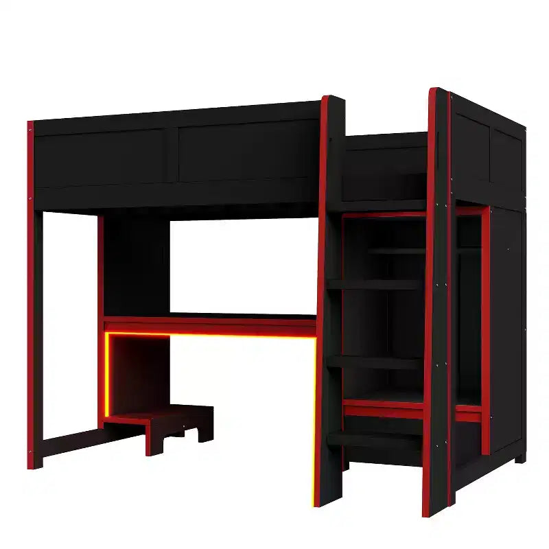 Lit mezzanine gaming pour lit jumeau/double avec bureau intégré, armoire, éclairage LED et un tiroir, cadre de lit en bois de pin, noir