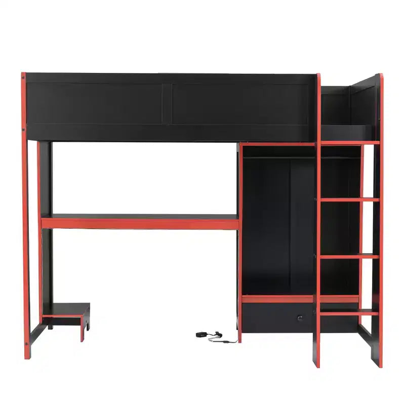 Lit mezzanine gaming pour lit jumeau/double avec bureau intégré, armoire, éclairage LED et un tiroir, cadre de lit en bois de pin, noir