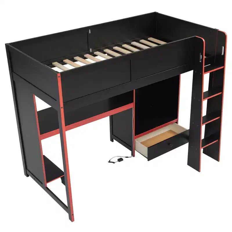 Lit mezzanine gaming pour lit jumeau/double avec bureau intégré, armoire, éclairage LED et un tiroir, cadre de lit en bois de pin, noir