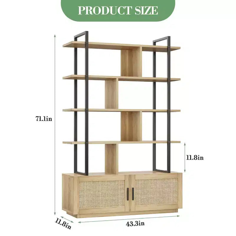 Étagère en rotin à 5 niveaux, bibliothèque ouverte de 180,6 cm avec armoire, étagère de présentation autoportante avec cadre en métal, étagère de rangement ouverte pour chambre à coucher