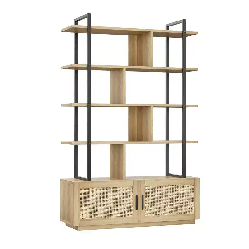 Étagère en rotin à 5 niveaux, bibliothèque ouverte de 180,6 cm avec armoire, étagère de présentation autoportante avec cadre en métal, étagère de rangement ouverte pour chambre à coucher