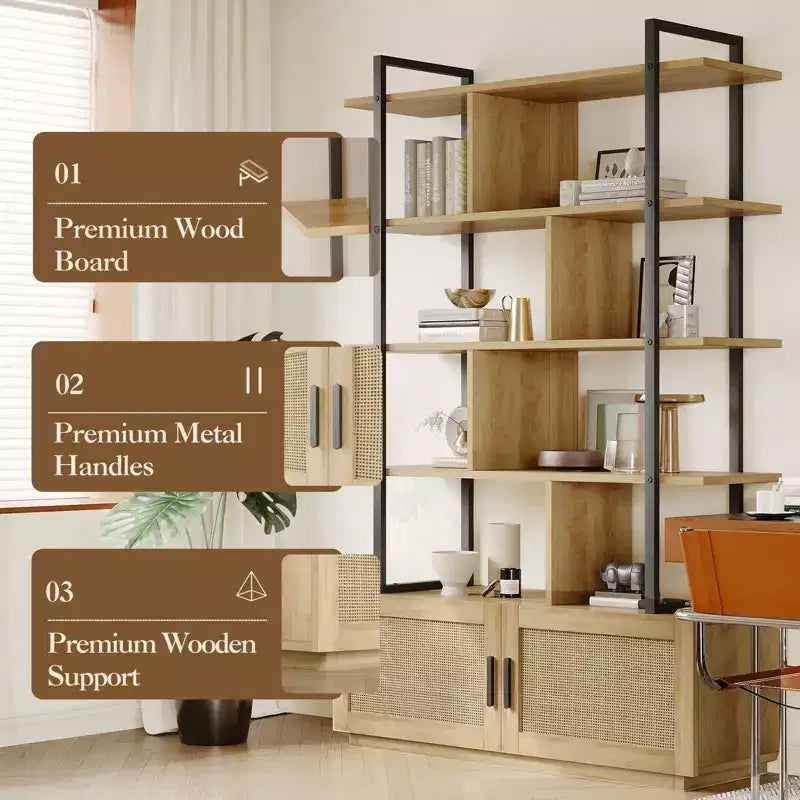 Étagère en rotin à 5 niveaux, bibliothèque ouverte de 180,6 cm avec armoire, étagère de présentation autoportante avec cadre en métal, étagère de rangement ouverte pour chambre à coucher
