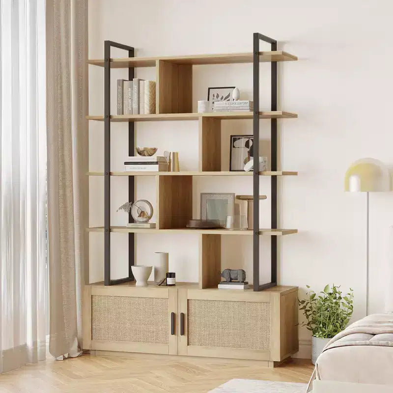 Étagère en rotin à 5 niveaux, bibliothèque ouverte de 180,6 cm avec armoire, étagère de présentation autoportante avec cadre en métal, étagère de rangement ouverte pour chambre à coucher