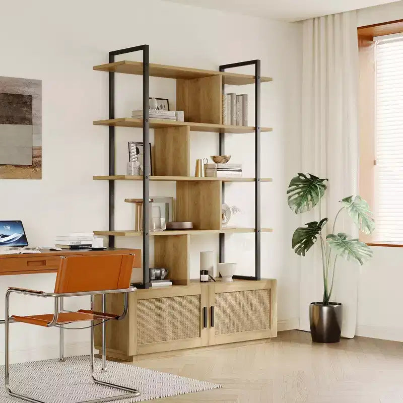 Étagère en rotin à 5 niveaux, bibliothèque ouverte de 180,6 cm avec armoire, étagère de présentation autoportante avec cadre en métal, étagère de rangement ouverte pour chambre à coucher