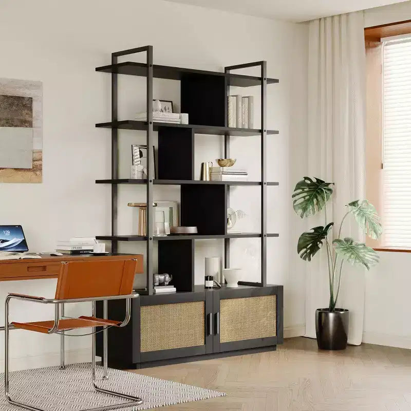 Étagère en rotin à 5 niveaux, bibliothèque ouverte de 180,6 cm avec armoire, étagère de présentation autoportante avec cadre en métal, étagère de rangement ouverte pour chambre à coucher