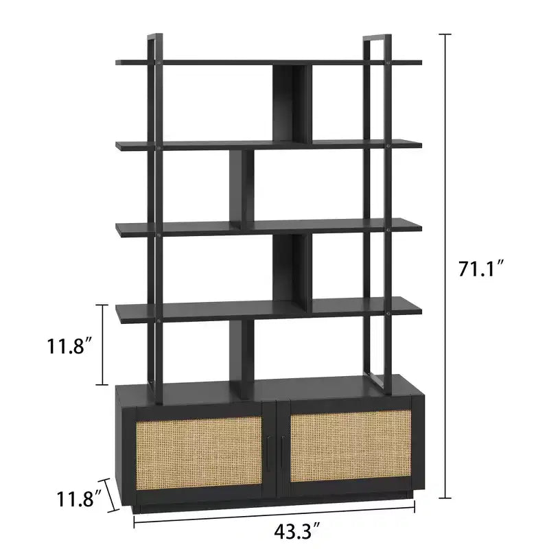 Étagère en rotin à 5 niveaux, bibliothèque ouverte de 180,6 cm avec armoire, étagère de présentation autoportante avec cadre en métal, étagère de rangement ouverte pour chambre à coucher
