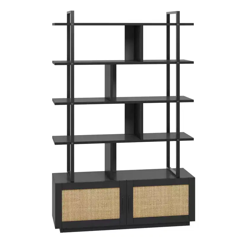 Étagère en rotin à 5 niveaux, bibliothèque ouverte de 180,6 cm avec armoire, étagère de présentation autoportante avec cadre en métal, étagère de rangement ouverte pour chambre à coucher