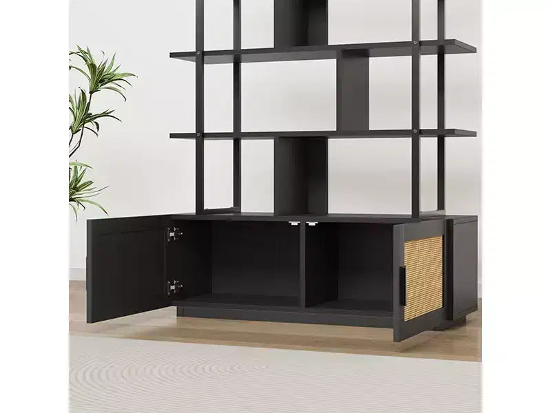 Étagère en rotin à 5 niveaux, bibliothèque ouverte de 180,6 cm avec armoire, étagère de présentation autoportante avec cadre en métal, étagère de rangement ouverte pour chambre à coucher