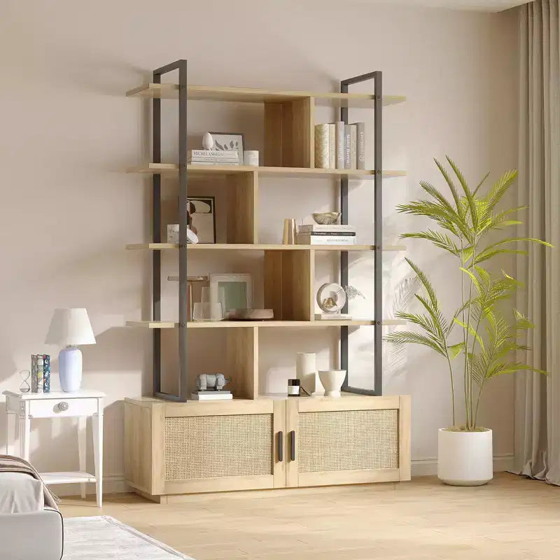 Étagère en rotin à 5 niveaux, bibliothèque ouverte de 180,6 cm avec armoire, étagère de présentation autoportante avec cadre en métal, étagère de rangement ouverte pour chambre à coucher