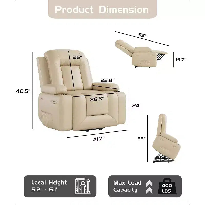 Fauteuil inclinable releveur surdimensionné pour personnes âgées, fauteuil releveur en similicuir avec siège large, porte-gobelets et poches latérales pour salon