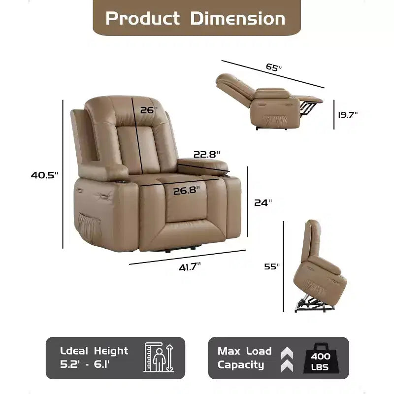 Fauteuil inclinable releveur surdimensionné pour personnes âgées, fauteuil releveur en similicuir avec siège large, porte-gobelets et poches latérales pour salon