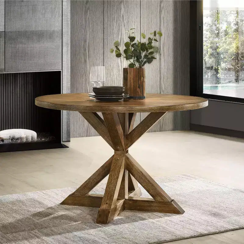 Table à manger ronde de 122 cm de style moderne du milieu du siècle avec pieds en croix